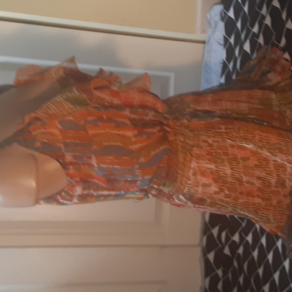 Lucy & Co Orange Multi Print Ruffle Mini Dress Size Small Boho Tie Waist - Picture 4 of 12